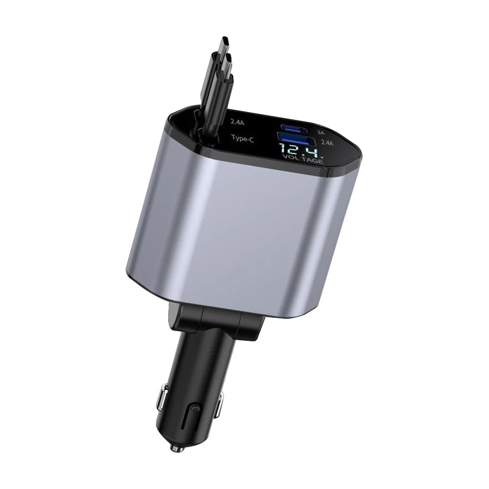 4-in-1 Retractable Car Charger Type C Retractable Cable USB-C 2port 20W ABS Electric Car Charger 20W PD Output