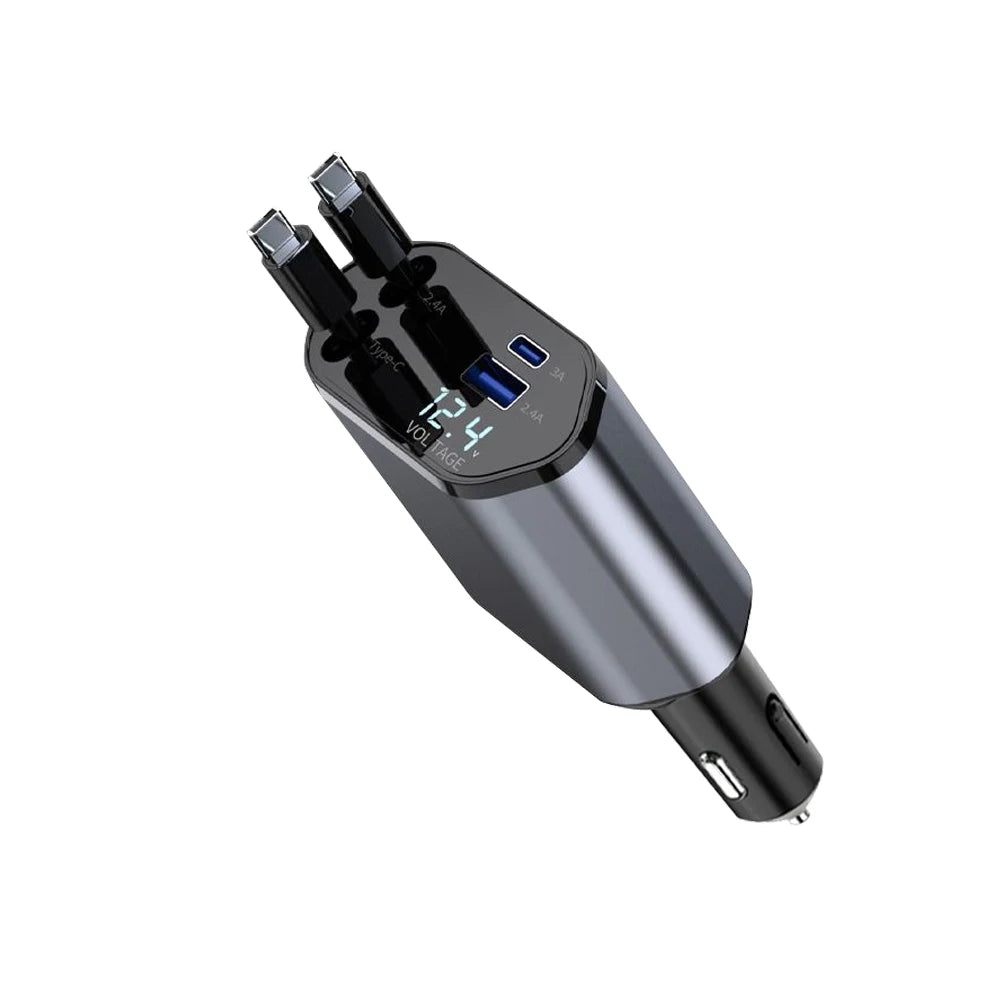 4-in-1 Retractable Car Charger Type C Retractable Cable USB-C 2port 20W ABS Electric Car Charger 20W PD Output