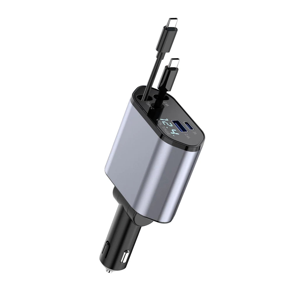 4-in-1 Retractable Car Charger Type C Retractable Cable USB-C 2port 20W ABS Electric Car Charger 20W PD Output