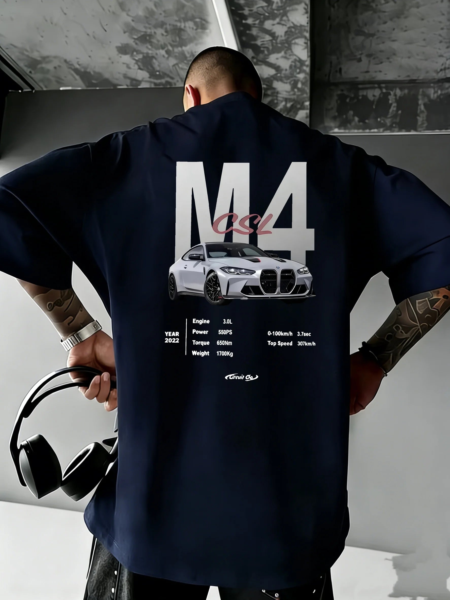 White M4 CSL Car Art and Bold Text 100% Cotton Men's T-shirt Summer Streetwear